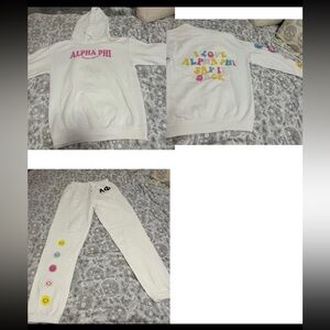 White Alpha Phi matching sweat set “I LOVE ALPHA PHI SAY IT BACK” & smiley faces